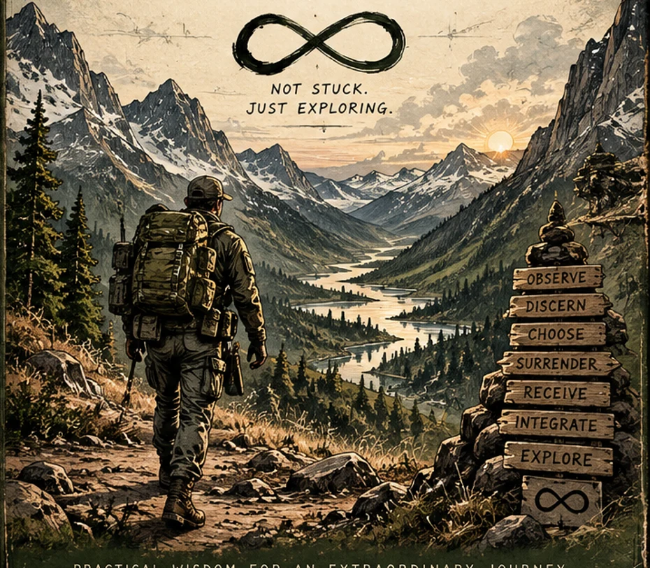 Concept artwork of an explorer walking into an open mountain valley.