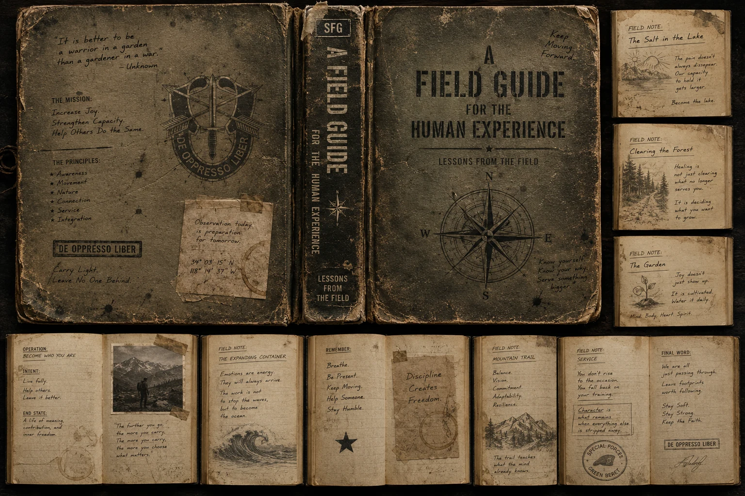 Weathered field guide covers and illustrated notes on joy, capacity, nature, and service.