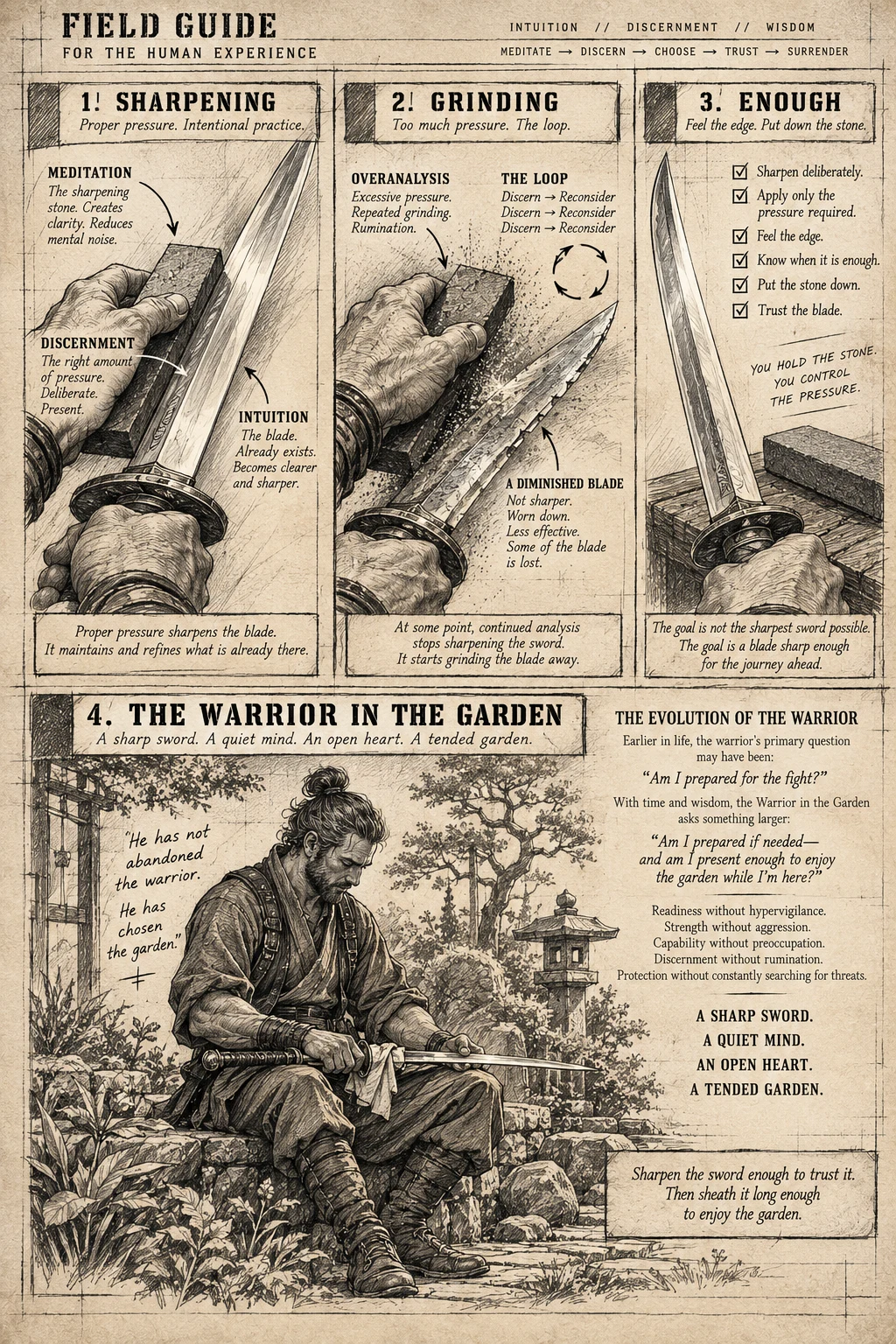 Illustrated field guide showing sharpening, overanalysis, enough, and the warrior in the garden.